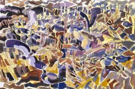 La migration réunit parfois une multitude d'oiseaux sur des habitats temporairement très attractifs. C'est le cas de ce labour inondé qui forme une mosaïque furtive et foisonnante. Cinq espèces se dissimulent entre ombres, reflets et plumages cryptiques. Combien de vanneaux huppés et de bécassines des marais ? Un combattant varié, deux peut-être? Des étourneaux se faufilent tandis qu'une alouette des champs semble fuir cette foule. - Acrylique et marqueur de Chine. / © Nick Derry