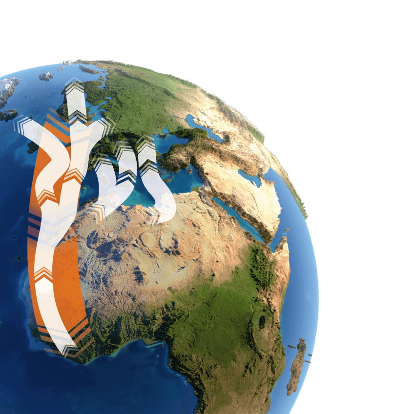 Trajet théorique d’une partie des populations de belles-dames entre l’Afrique et l’Europe du Nord. Les flèches suggèrent de manière indicative les générations successives qui en outre se chevauchent. En orange: trajet probable vers le sud en automne. En blanc: trajet vers le nord entre la fin d’hiver et l’été. Le grand voyage des papillons belles-dames