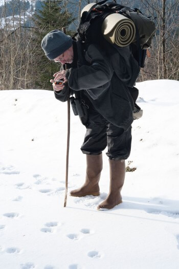 Jacques Rime sur la piste du lynx. Le premier indice vient de la poudreuse. / © Hélène Tobler