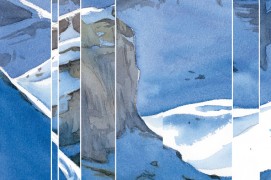 Jeux de lumière sur l'étage alpin recouvert d'un épais manteau neigeux / © Laurent Willenegger (aquarelle) réinterprété par Jean-Luc Wisard (photomontage)