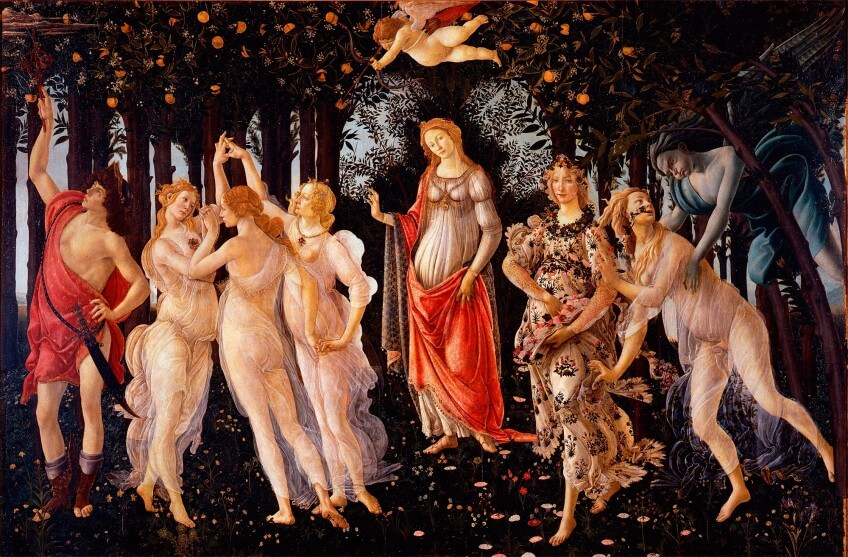 Le Printemps (Primavera) de Botticelli exécuté en 1482. La déesse Flore est le troisième personnage en partant de la droite, à la robe chargée de fleurs et de feuilles.