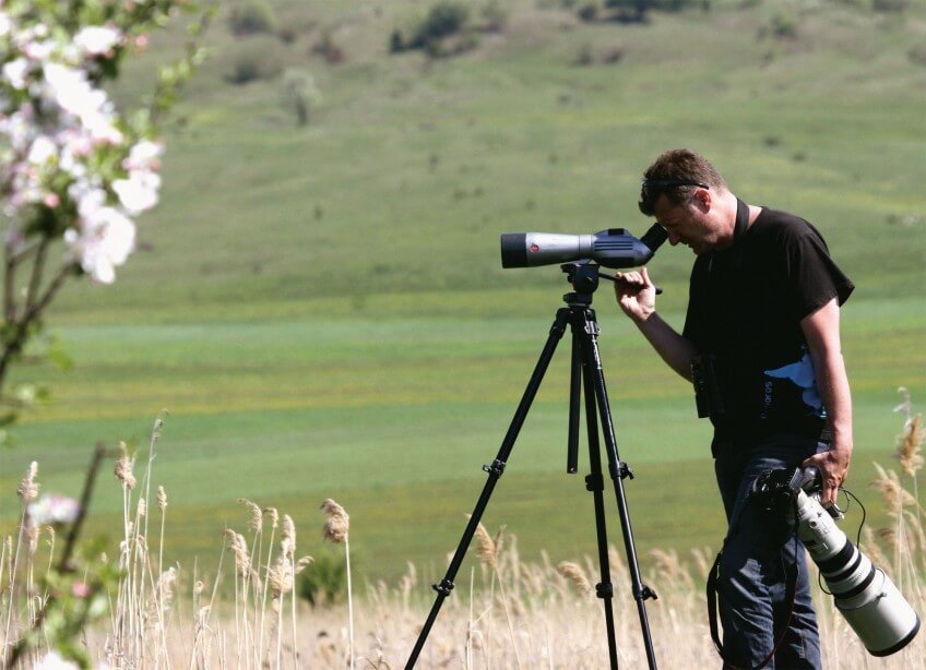 Lionel Maumary observe un oiseau à la longue vue.