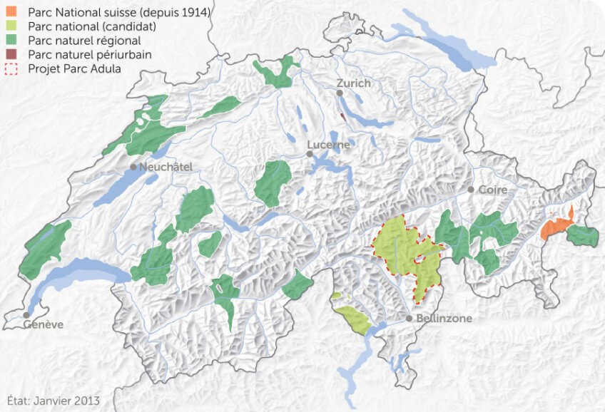 Réseau des parcs suisses TE/EB 2012 | Périmètres des parcs partiellement provisoires Réseau des parcs suisses