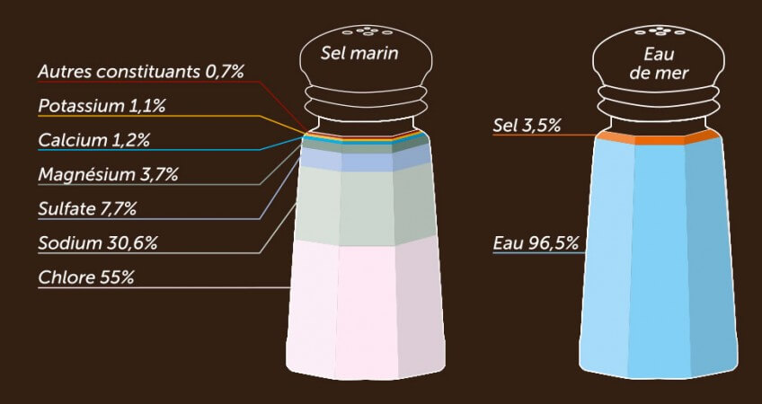 Composition du sel marin et proportion de ce dernier dans l'eau de mer Composition du sel marin