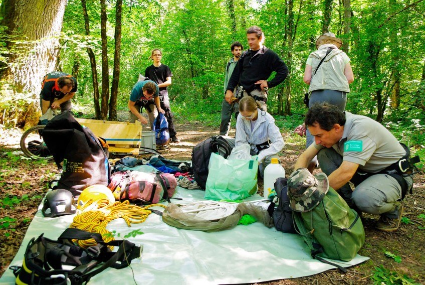 Préparation du matériel d'accrobranche avant d'étudier la cime des arbres.