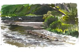 La rivière et ses reflets scintillants en aquarelle / © Laurent Willenegger