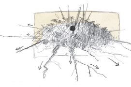 «Le nid (point foncé au centre du dessin) est au centre d'un grand massif. Il est bien protégé des chocs. Sa position en hauteur l'isole du sol mais il reste à l'abri de la pluie sou les dernières feuilles. En m'approchant, j'ai remarqué que les stolons qui partent en étoile autour du massif pouvaient peut-être constituer un excellent système d'alarme. Impossible de ne pas s'y crocher les pieds dans un rayon de 2m:  La ronce est secouée et le muscardin averti!» / © Laurent Willenegger