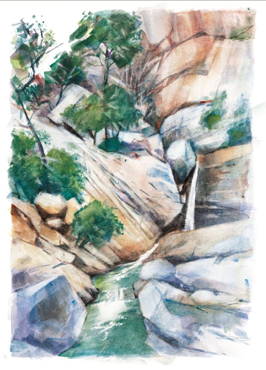 Les cascades - Aquarelle sur papier avec grattage,  20 x 30 cm