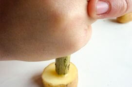 Enfoncez une des deux extrémités coupante dans une tranche de patate de manière à couper une rondelle.