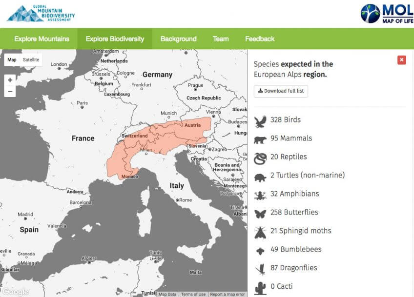 Le portail Montagne permet d'explorer la biodiversité des montagnes, ici les Alpes capture écran carte montagne alpes biodiversité