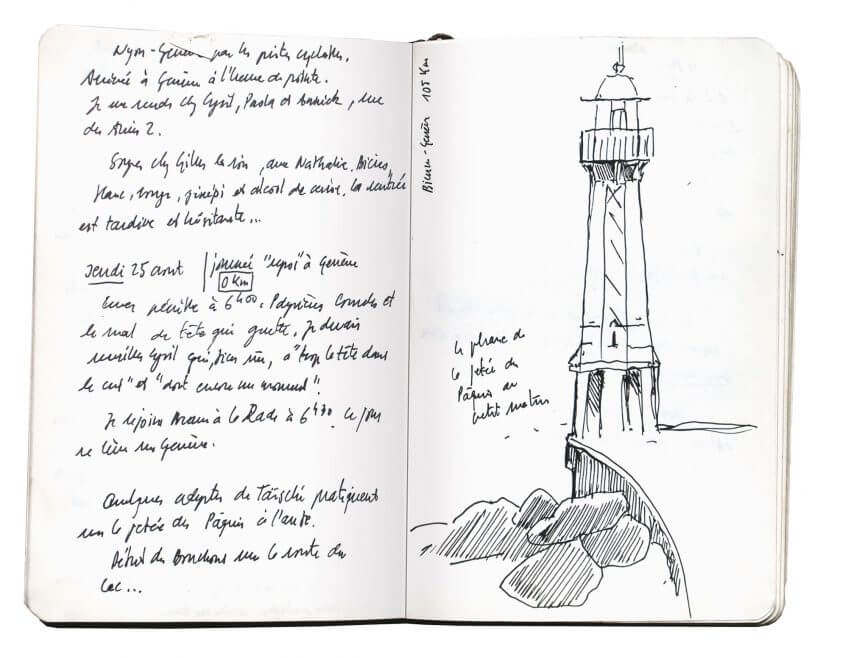 Première étape d'un voyage en suivant les oiseaux migrateurs - La Salamandre carnet route dessin phare