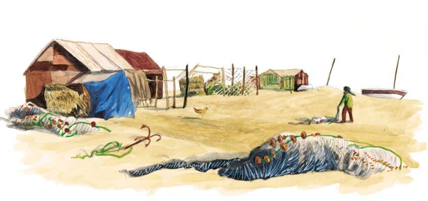 "Au village, tous sont affairés à réparer les filets pour la pêche du lendemain." Cinquième étape d'un voyage en suivant les oiseaux migrateurs - La Salamandre dessin pêcheur