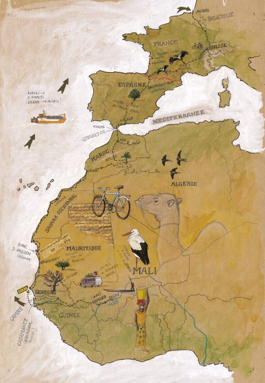 Jérôme Gremaud a suivi le voyage des oiseaux migrateurs, de France jusqu'au Mali.  Huitième étape d'un voyage en suivant les oiseaux migrateurs - La Salamandre carte itineraire