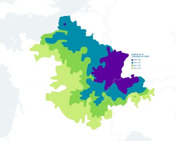 Zone touchée par la chalarose du 2014-2015 / © Cartographie : Ministère de l’agriculture de l’agroalimentaire et de la forêt - Département de la santé des forêts (DSF) / INRA (ephythia.inra.fr) / Institut fédéral de recherches WSL.