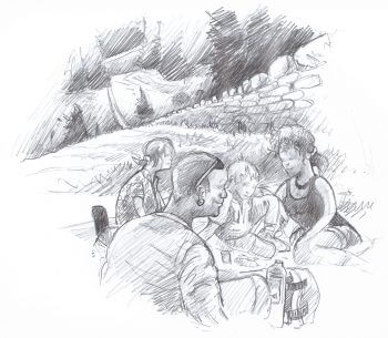 Un site idéal pour des balades et pique-nique en famille. Les murs de pierres du canton de Vaud, des limites si claires - La Salamandre dessin famille