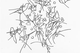 Une douzaine de pies se sont regroupées dans un platane : remue-ménage et grande conversation parmi les fruits suspendus. De retour à l’atelier, j’ai dessiné ce qu'il me restait en mémoire, en évoquant l'enchevêtrement des rameaux et des branches. Bien plus tard, débarrassé de la tentation du détail, j'ai voulu en tirer autre chose, avec des techniques diverses, sans résultat convaincant. Au bout de deux jours, j'ai tracé ce dessin au feutre noir sur un papier blanc. Nantes, 15 janvier 2016.