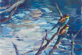 « Bee-eaters Impossible to believe they’re real, and I can see them when I want, when they’re not in Africa of course »
Guêpiers d’Europe Incroyable de pouvoir les observer quand je veux, sauf quand ils sont en Afrique bien sûr.
Acrylique et collage, crayon de couleur, marqueur de Chine et crayon gras. / © Nick Derry