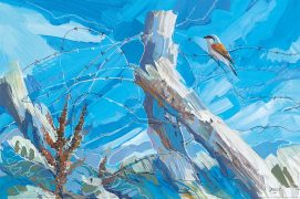 « Red-backed Shrike There is a building here now, and no more shrikes in the city »
Pie-grièche écorcheur Ici, un immeuble a remplacé les dernières pies-grièches de la ville.
Acrylique, crayon de couleur, marqueur de Chine et crayon gras.
 / © Nick Derry