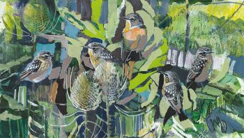 « Stonechats At least four chicks, maybe more, they’re everywhere »
Tariers pâtres Au moins quatre jeunes, peut-être plus, ils sont partout.
Acrylique et collage, crayon de couleur, marqueur de Chine et crayon gras.