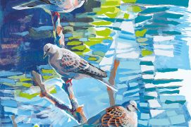 « Turtle Doves A new species for my patch of branches, first time I know they’ve bred here »
Tourterelles des bois A ma connaissance, une nouvelle espèce nicheuse pour mon spot. 
Acrylique et collage, crayon de couleur, marqueur de Chine et crayon gras.
 / © Nick Derry