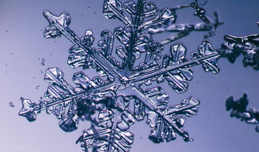En gelant, les molécules d’eau s’organisent en hexagones, géométrie qu’on retrouve chez les précieuses émeraudes. Quand les conditions sont favorables, l’hexagone central croît de proche en proche pour former une étoile chaque fois unique au monde.