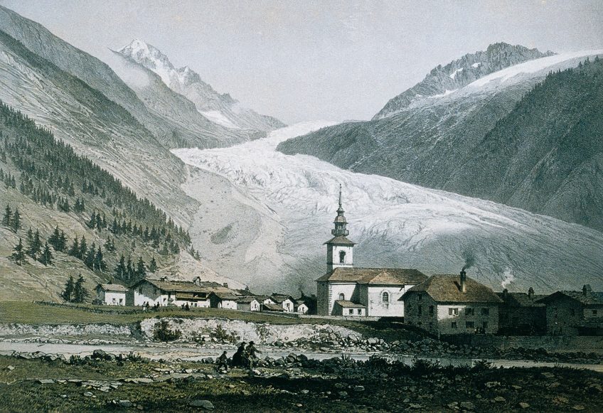 Le glacier d’Argentière immortalisé en 1860. Depuis vingt ans, la fonte de la plupart des glaciers alpins s’est dramatiquement accélérée. Le glacier d’Argentière immortalisé en 1860.