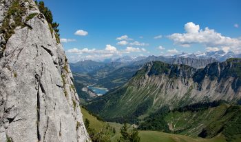 Lac de l’Hongrin et Pointe d’Aveneyre depuis le jardin alpin.