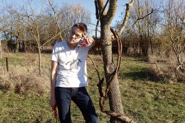 Plantez ou bouturez la vigne au pied du tuteur vivant et attachez le cep contre le tronc avec de la ficelle.