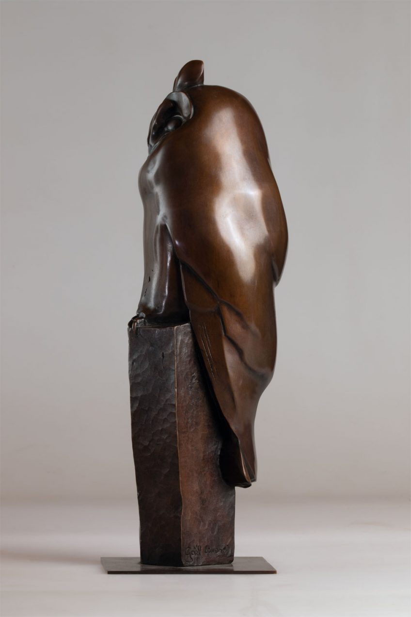 Bronze issu d’une œuvre en poirier un peu vermoulu, taillé à la gouge puis poli au papier de verre. 
Hauteur 42 cm • 2016 La sculpture animale de Gaël Lavorel