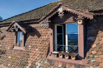 Dix nichoirs à martinets encadrent les fenêtres
d’Alessandro Staehli près de Neuchâtel. Au milieu, le nichoir St04 occupé par Brise et Azur. Nichoirs à martinets