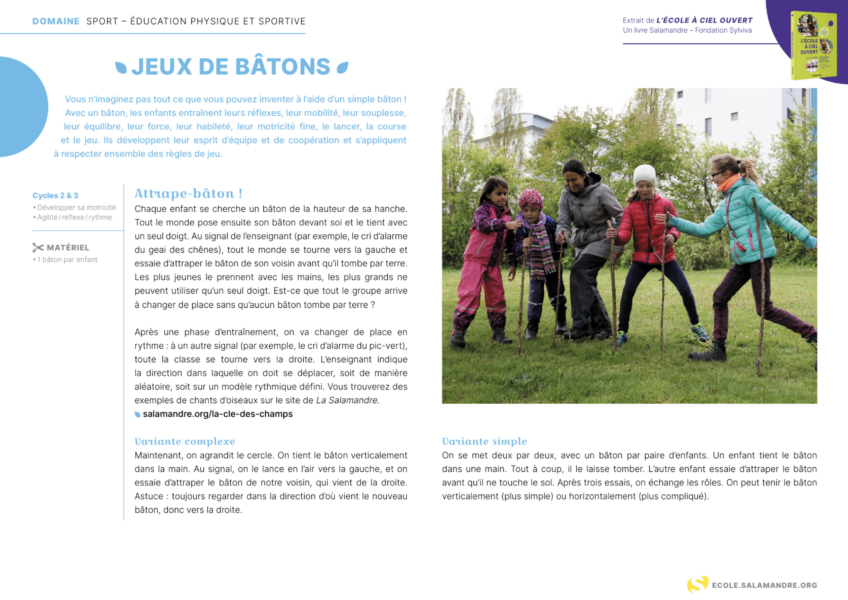 Activité "S'amuser avec des bâtons" à retrouver dans le livre "L'école à ciel ouvert" cp