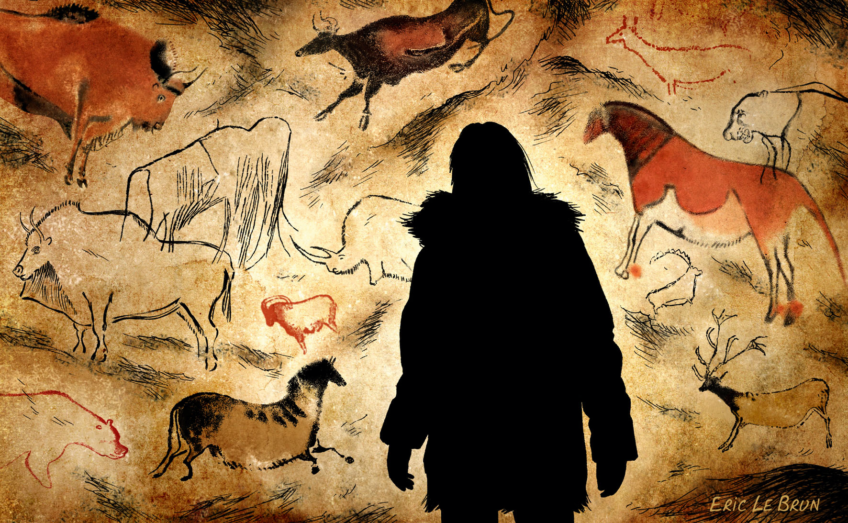 Un homme, dans l'ombre, face à une œuvre d'art pariétal. Un dessin signé Eric Le Brun