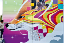 Mr & Mrs Fox : Double fresque murale en symétrie, peinte au parc des Moulins de Soissons (2022). / &copy; Céz art 